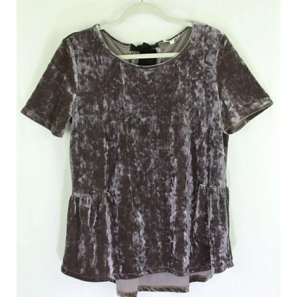 Pleione Crushed Velvet Top w/Ribbon Tie Short Sleeve Purple Womens Large